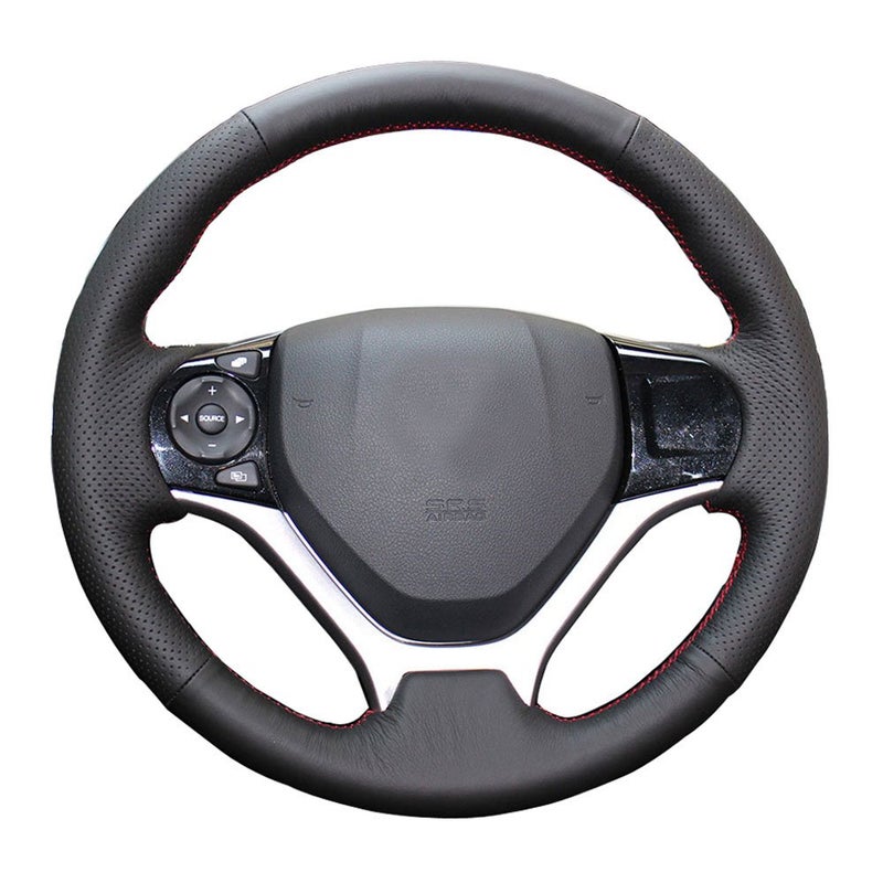 Eiseng DIY Sew Black Genuine Leather Steering Wheel Cover Stitch on Wrap for Honda Civic 2012 2013 2014 2015 Interior Accessories 13.5-14.5 inches (Red Thread) - Image 1